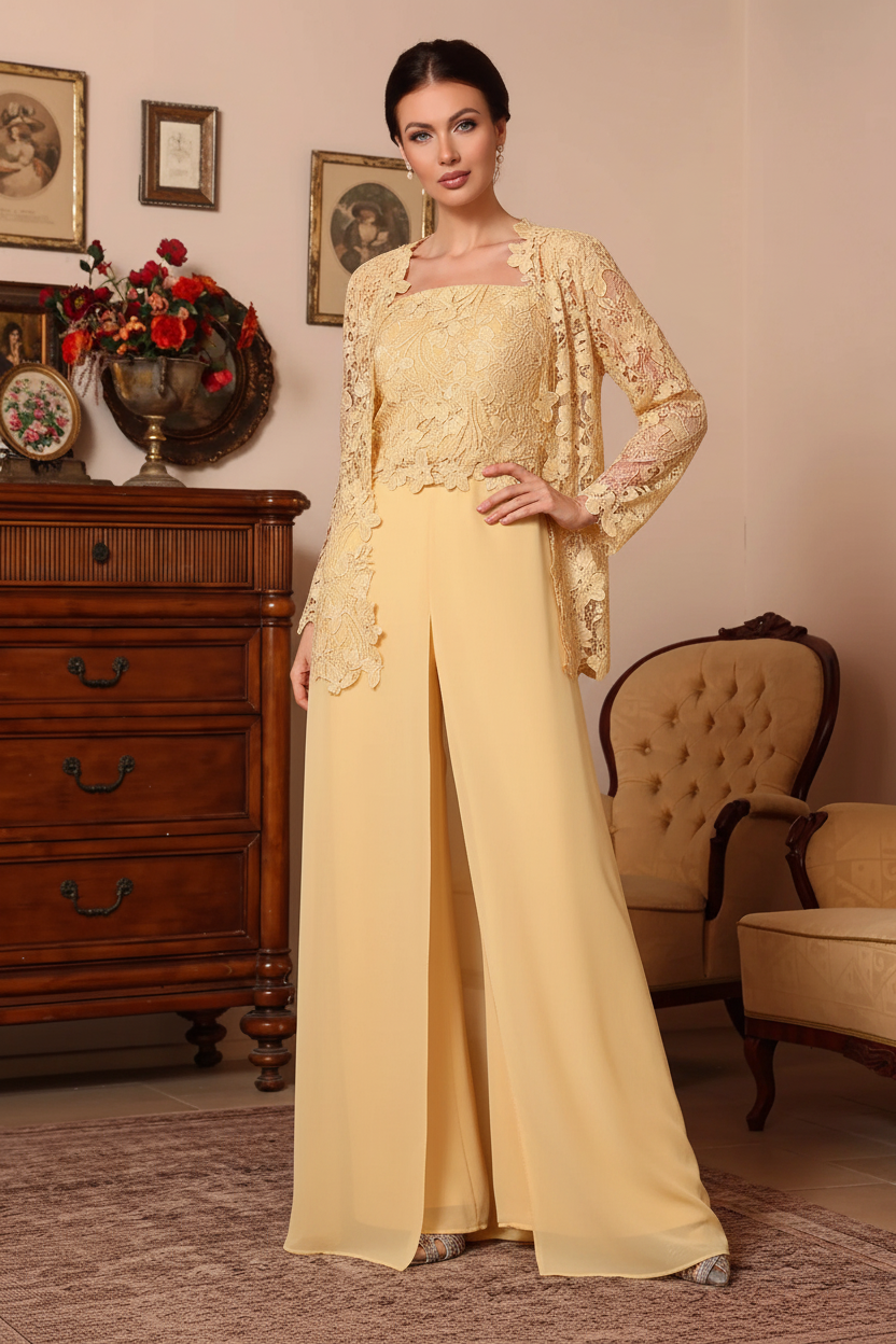 3 Pieces Square Collar Chiffon Mother of the Bride Pantsuits with Jacket Overskirt Lace Floral Floor-Length Long Sleeves