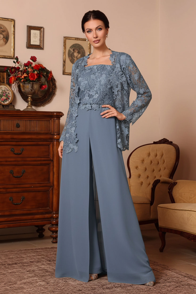 3 Pieces Square Collar Chiffon Mother of the Bride Pantsuits with Jacket Overskirt Lace Floral Floor-Length Long Sleeves