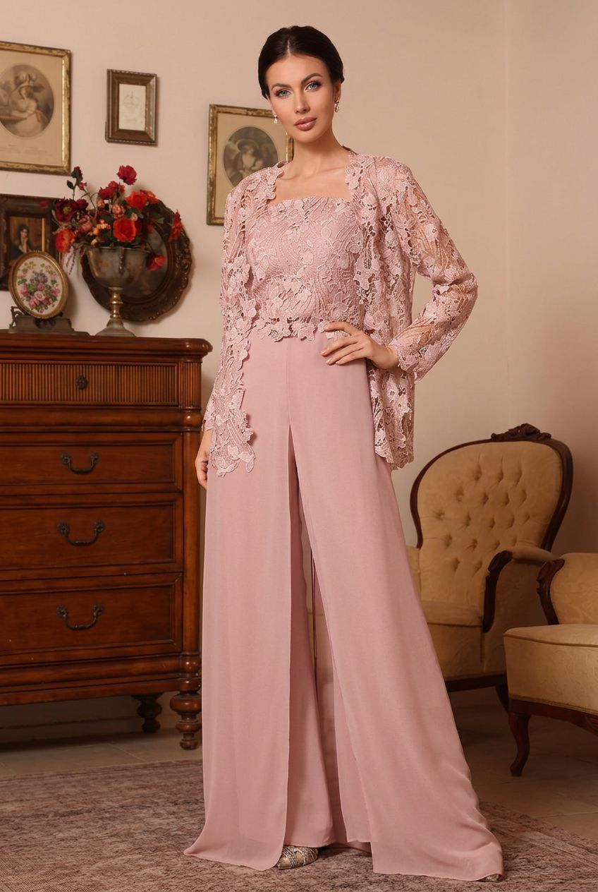 3 Pieces Square Collar Chiffon Mother of the Bride Pantsuits with Jacket Overskirt Lace Floral Floor-Length Long Sleeves