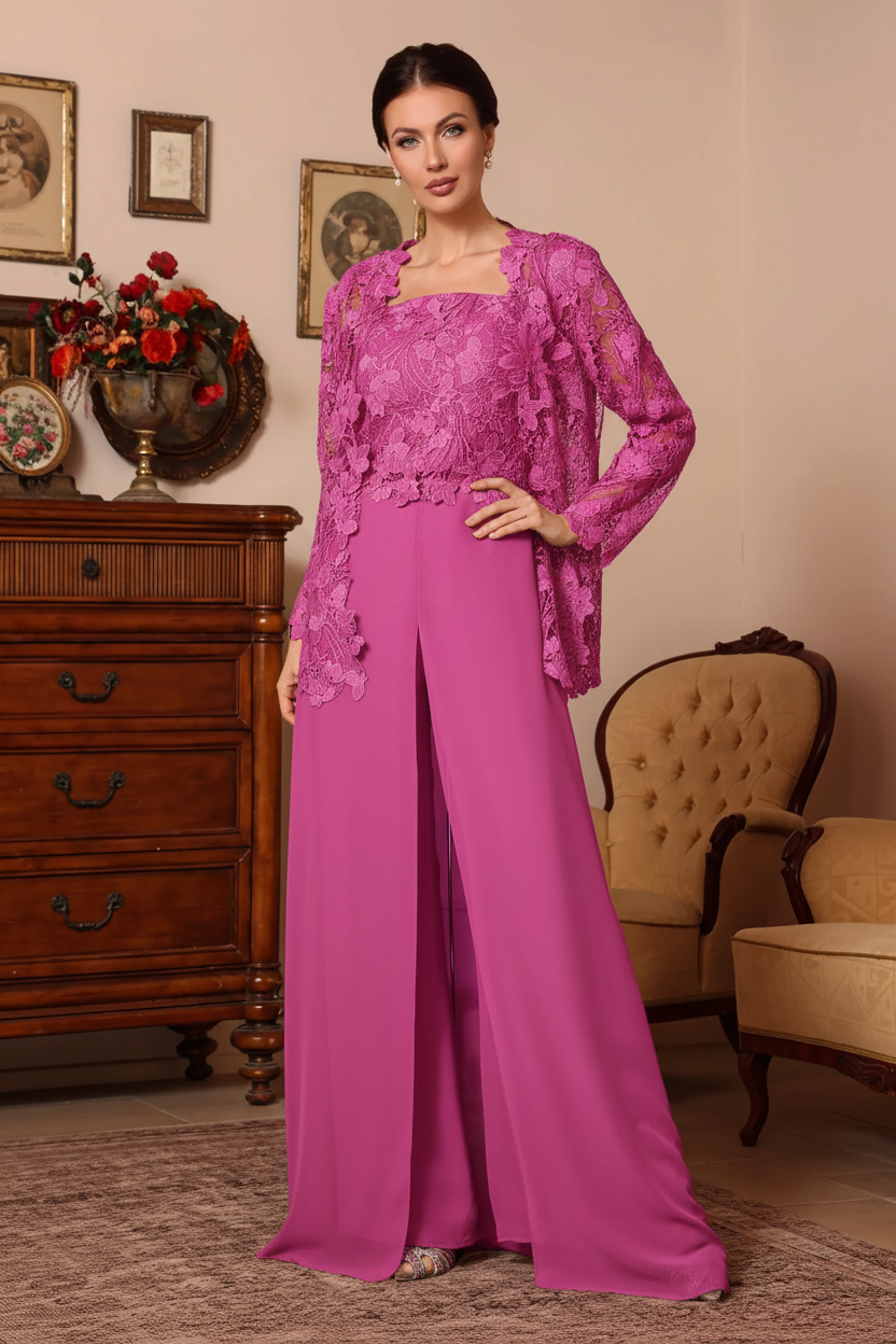 3 Pieces Square Collar Chiffon Mother of the Bride Pantsuits with Jacket Overskirt Lace Floral Floor-Length Long Sleeves
