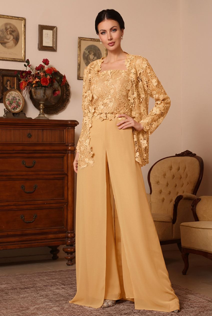 3 Pieces Square Collar Chiffon Mother of the Bride Pantsuits with Jacket Overskirt Lace Floral Floor-Length Long Sleeves