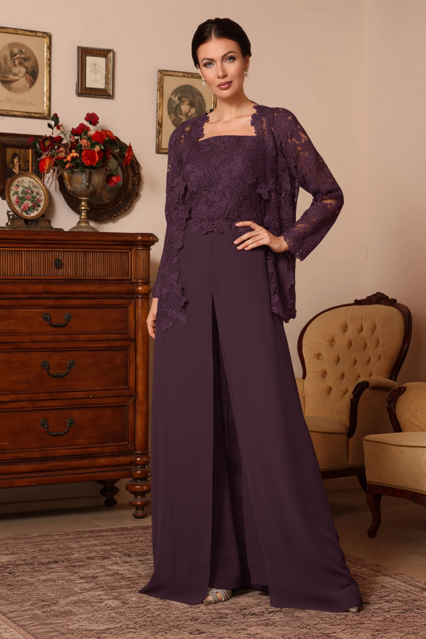 3 Pieces Square Collar Chiffon Mother of the Bride Pantsuits with Jacket Overskirt Lace Floral Floor-Length Long Sleeves