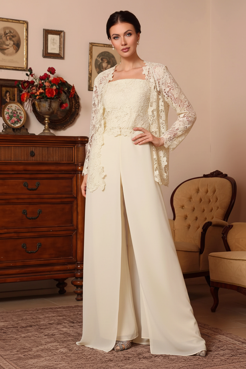 3 Pieces Square Collar Chiffon Mother of the Bride Pantsuits with Jacket Overskirt Lace Floral Floor-Length Long Sleeves
