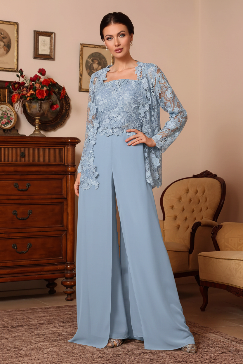 3 Pieces Square Collar Chiffon Mother of the Bride Pantsuits with Jacket Overskirt Lace Floral Floor-Length Long Sleeves