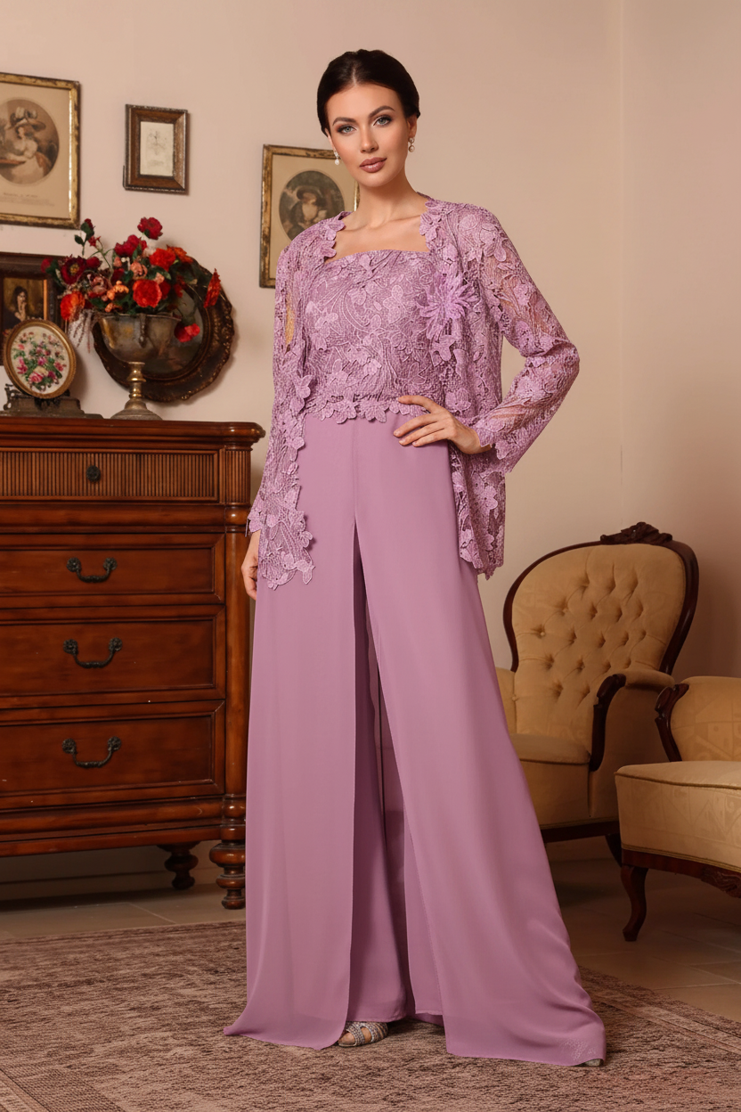 3 Pieces Square Collar Chiffon Mother of the Bride Pantsuits with Jacket Overskirt Lace Floral Floor-Length Long Sleeves