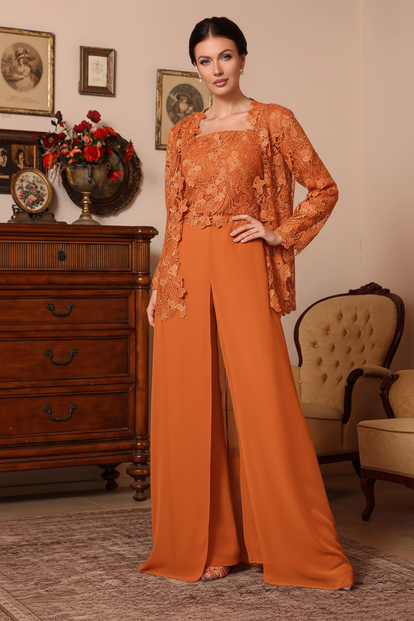 3 Pieces Square Collar Chiffon Mother of the Bride Pantsuits with Jacket Overskirt Lace Floral Floor-Length Long Sleeves