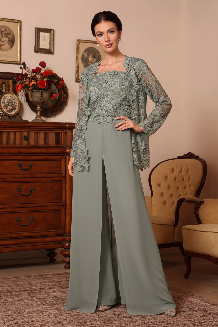 3 Pieces Square Collar Chiffon Mother of the Bride Pantsuits with Jacket Overskirt Lace Floral Floor-Length Long Sleeves