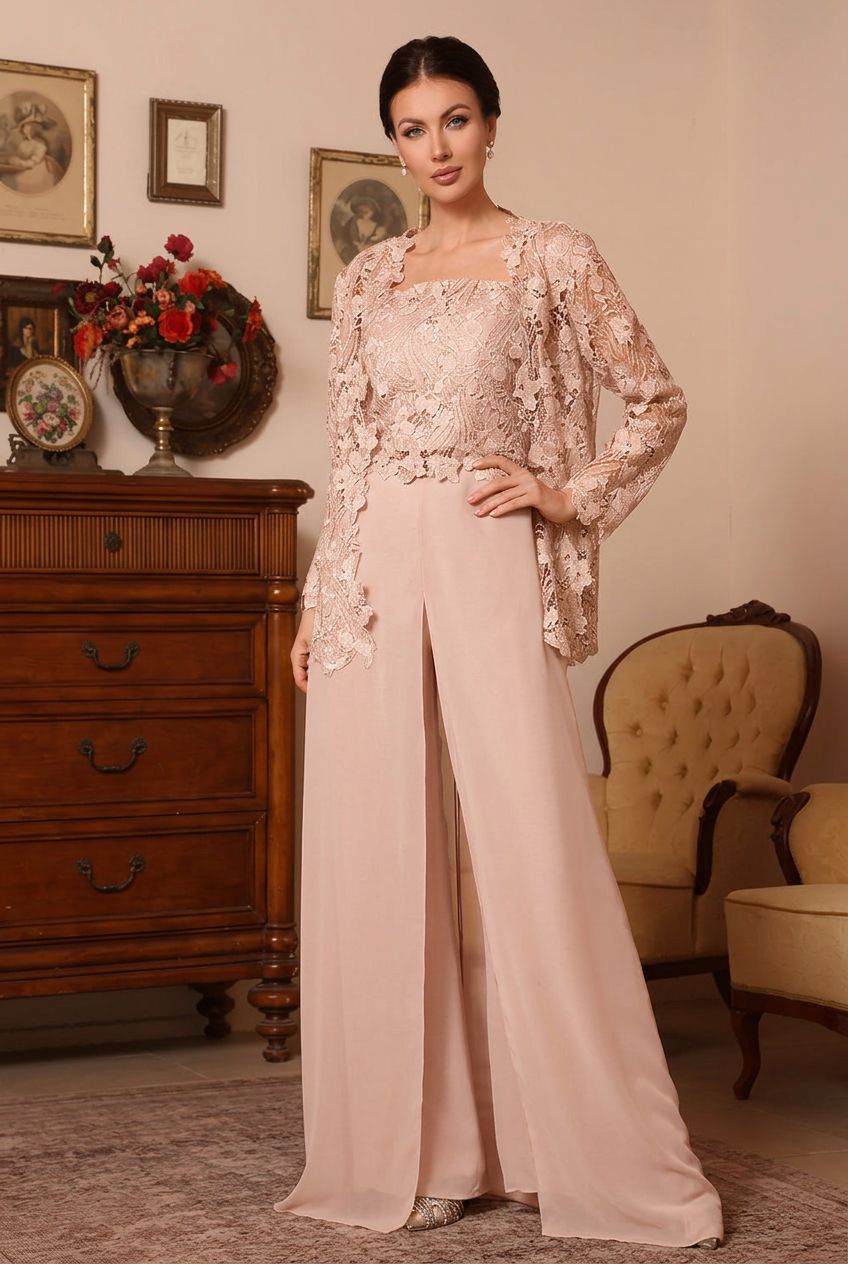 3 Pieces Square Collar Chiffon Mother of the Bride Pantsuits with Jacket Overskirt Lace Floral Floor-Length Long Sleeves