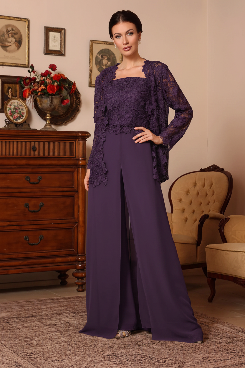 3 Pieces Square Collar Chiffon Mother of the Bride Pantsuits with Jacket Overskirt Lace Floral Floor-Length Long Sleeves