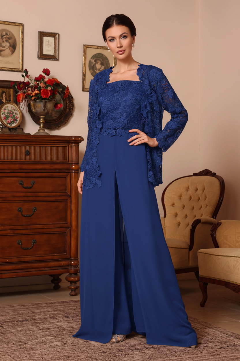 3 Pieces Square Collar Chiffon Mother of the Bride Pantsuits with Jacket Overskirt Lace Floral Floor-Length Long Sleeves