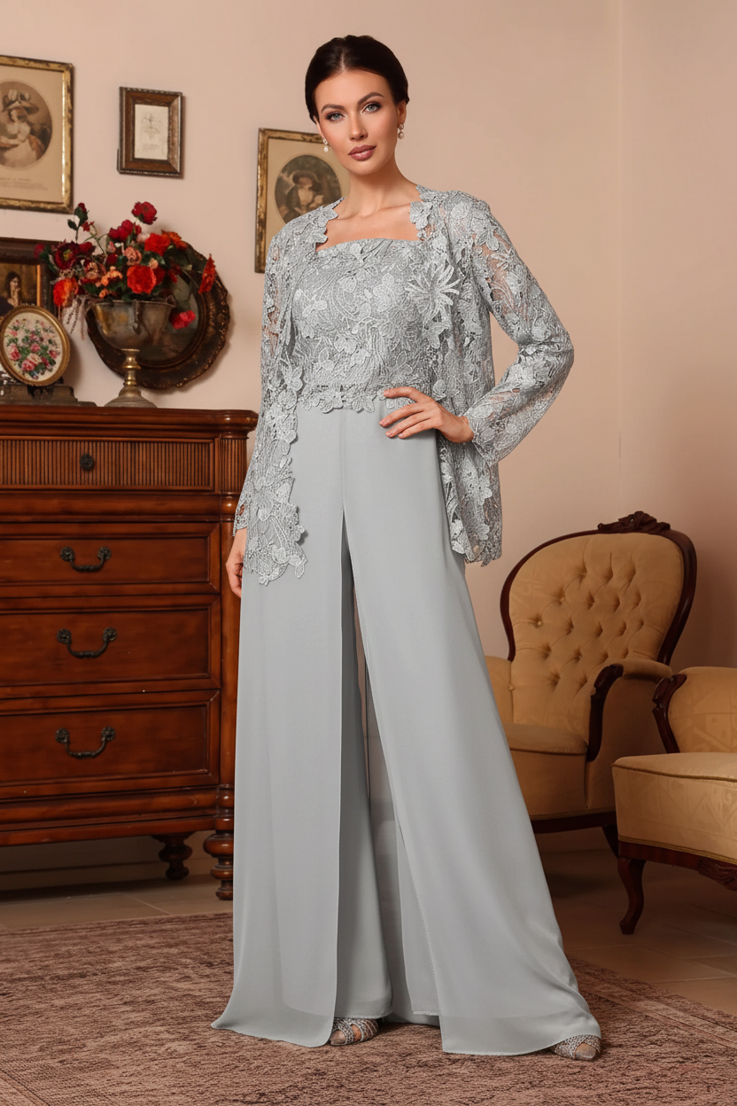 3 Pieces Square Collar Chiffon Mother of the Bride Pantsuits with Jacket Overskirt Lace Floral Floor-Length Long Sleeves