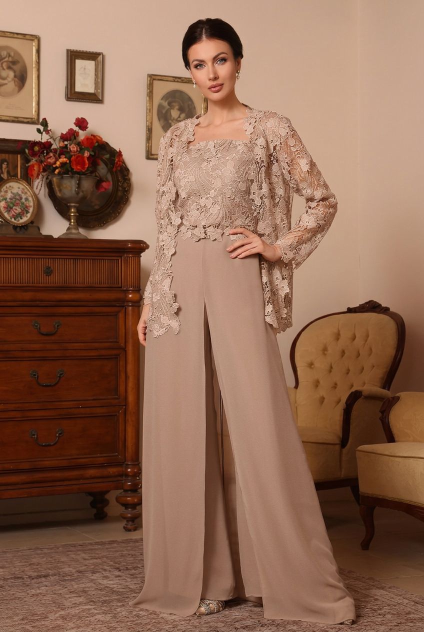 3 Pieces Square Collar Chiffon Mother of the Bride Pantsuits with Jacket Overskirt Lace Floral Floor-Length Long Sleeves