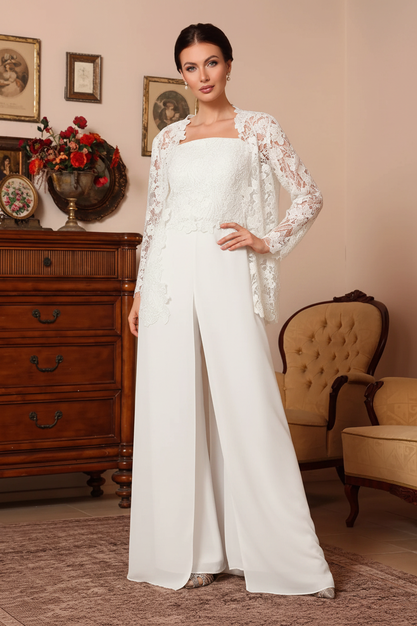 3 Pieces Square Collar Chiffon Mother of the Bride Pantsuits with Jacket Overskirt Lace Floral Floor-Length Long Sleeves