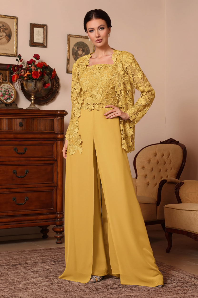 3 Pieces Square Collar Chiffon Mother of the Bride Pantsuits with Jacket Overskirt Lace Floral Floor-Length Long Sleeves
