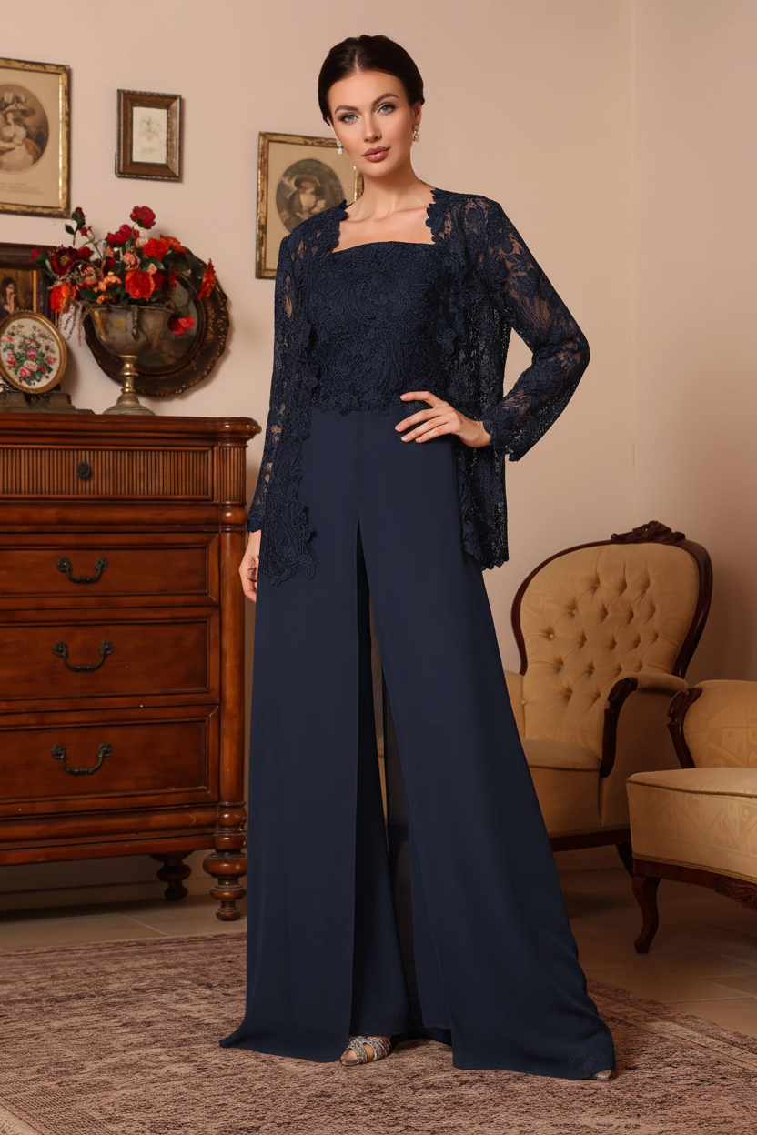3 Pieces Square Collar Chiffon Mother of the Bride Pantsuits with Jacket Overskirt Lace Floral Floor-Length Long Sleeves