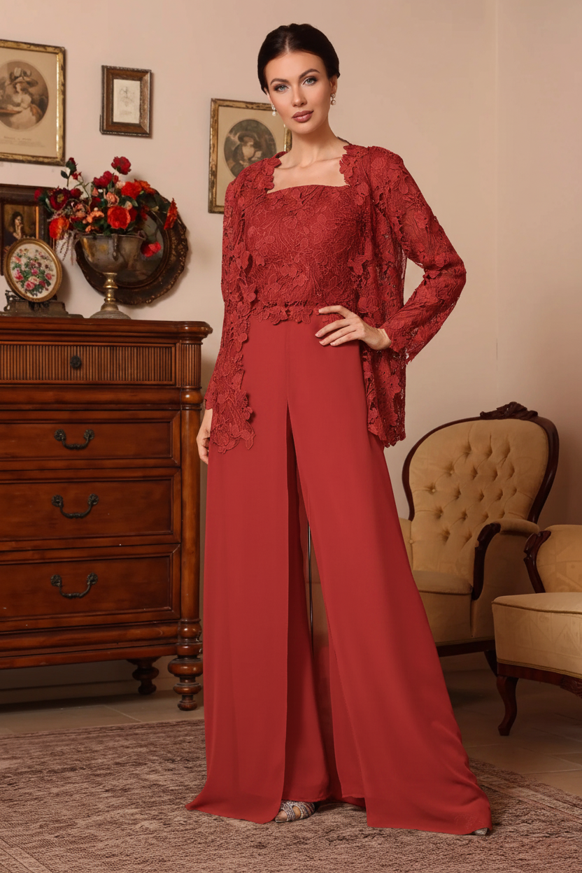 3 Pieces Square Collar Chiffon Mother of the Bride Pantsuits with Jacket Overskirt Lace Floral Floor-Length Long Sleeves