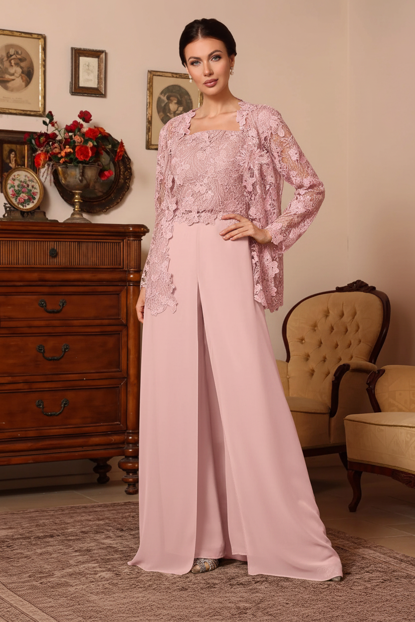 3 Pieces Square Collar Chiffon Mother of the Bride Pantsuits with Jacket Overskirt Lace Floral Floor-Length Long Sleeves