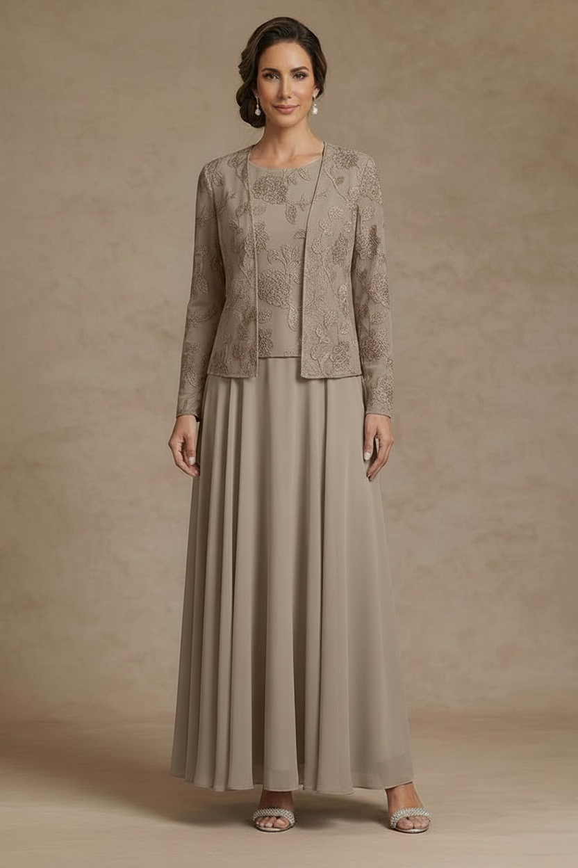 3 Pieces Suit A-Line/Princess Scoop Chiffon Mother of the Bride Dresses with Jacket Lace Floral Ankle-Length Long Sleeves