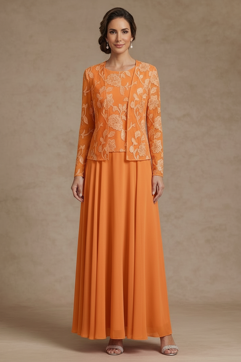 3 Pieces Suit A-Line/Princess Scoop Chiffon Mother of the Bride Dresses with Jacket Lace Floral Ankle-Length Long Sleeves