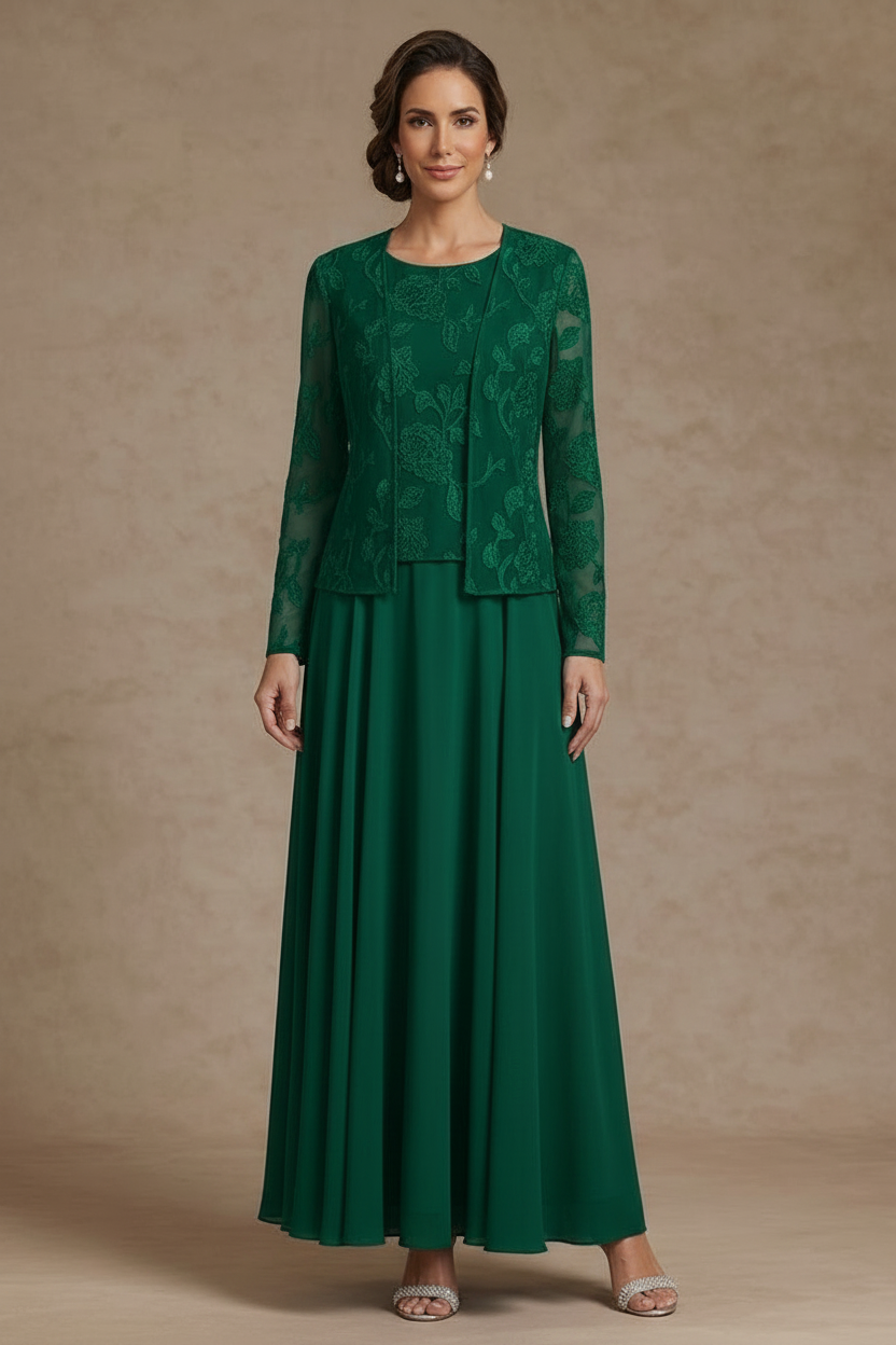 3 Pieces Suit A-Line/Princess Scoop Chiffon Mother of the Bride Dresses with Jacket Lace Floral Ankle-Length Long Sleeves