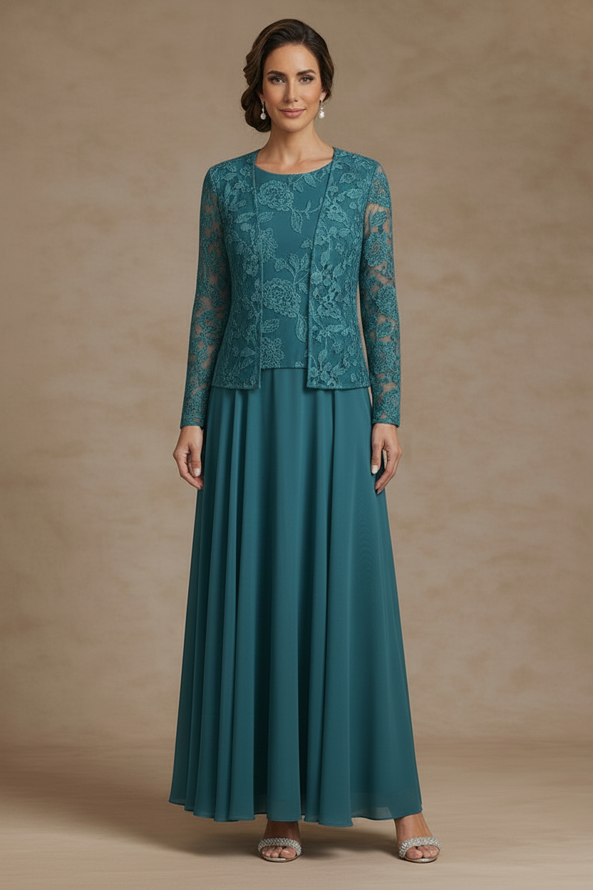3 Pieces Suit A-Line/Princess Scoop Chiffon Mother of the Bride Dresses with Jacket Lace Floral Ankle-Length Long Sleeves
