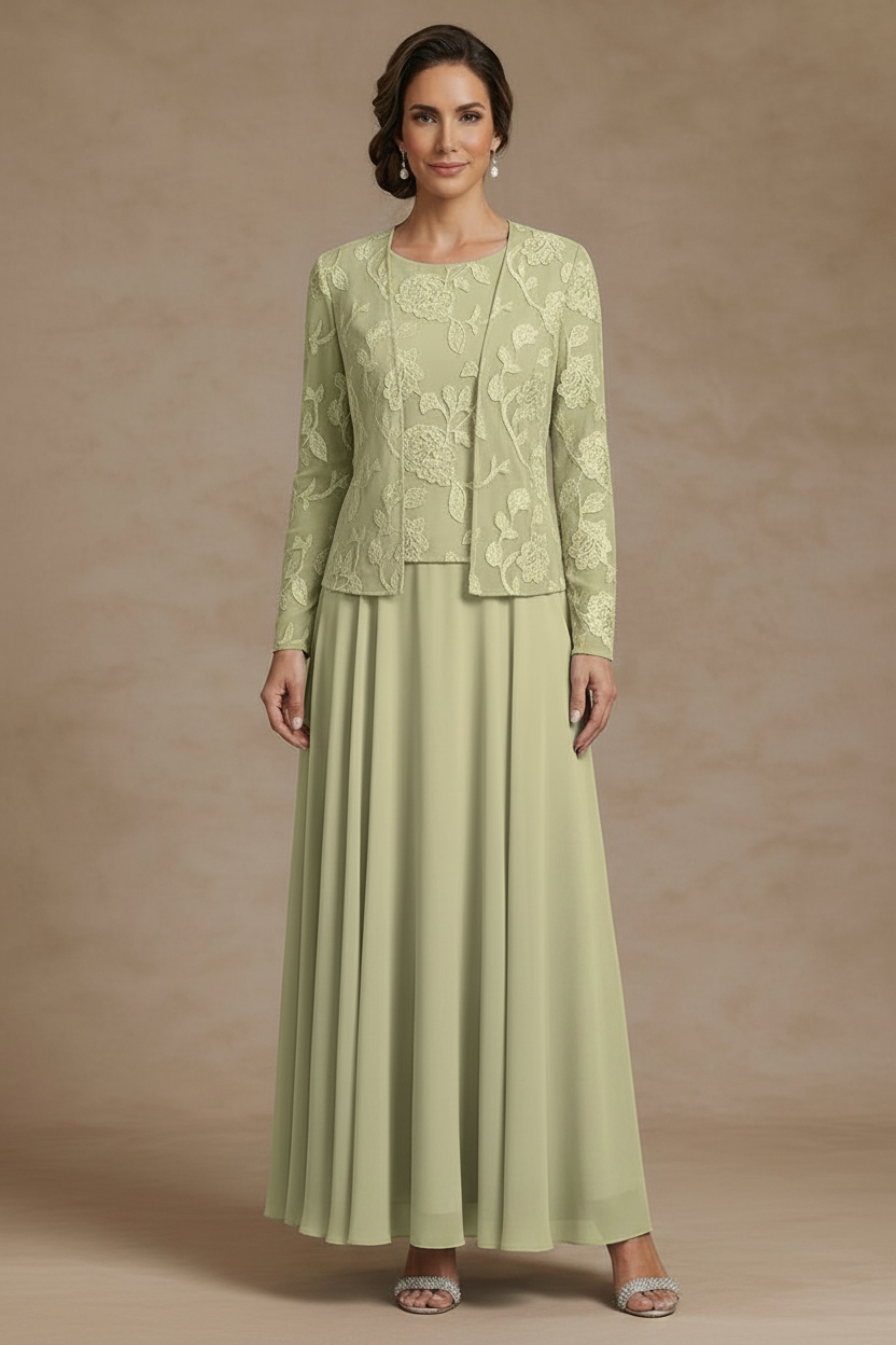 3 Pieces Suit A-Line/Princess Scoop Chiffon Mother of the Bride Dresses with Jacket Lace Floral Ankle-Length Long Sleeves