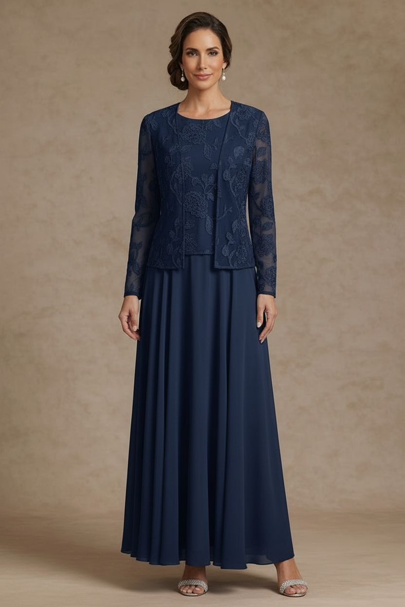 3 Pieces Suit A-Line/Princess Scoop Chiffon Mother of the Bride Dresses with Jacket Lace Floral Ankle-Length Long Sleeves