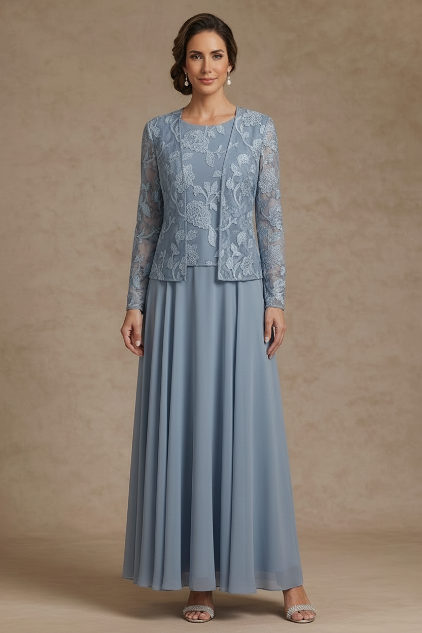 3 Pieces Suit A-Line/Princess Scoop Chiffon Mother of the Bride Dresses with Jacket Lace Floral Ankle-Length Long Sleeves