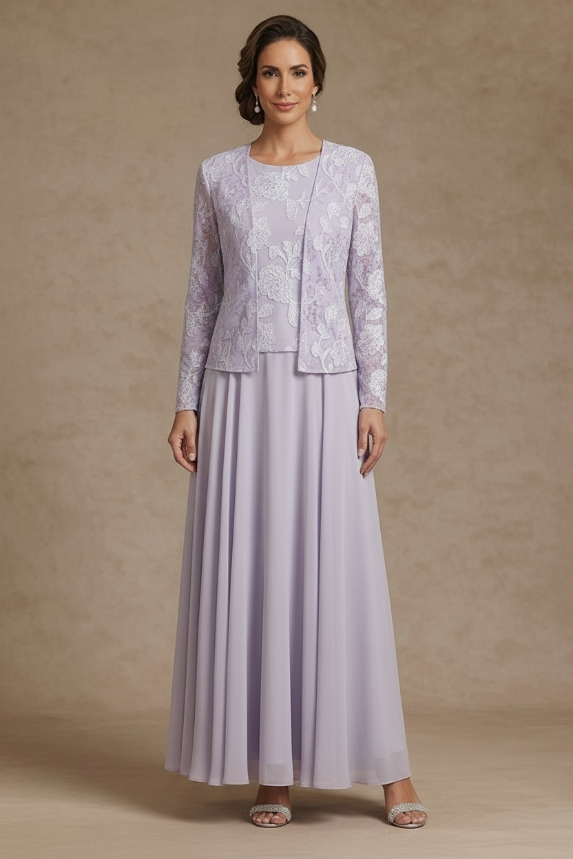 3 Pieces Suit A-Line/Princess Scoop Chiffon Mother of the Bride Dresses with Jacket Lace Floral Ankle-Length Long Sleeves