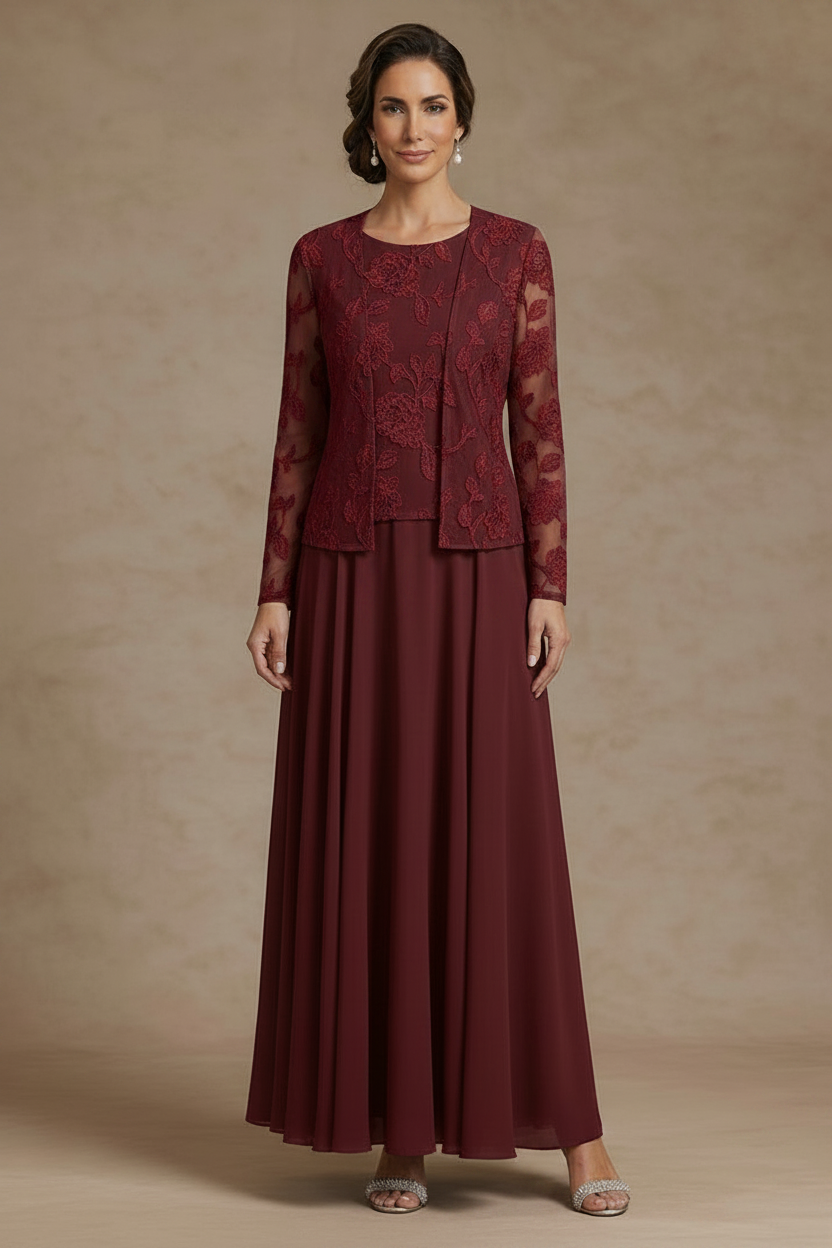 3 Pieces Suit A-Line/Princess Scoop Chiffon Mother of the Bride Dresses with Jacket Lace Floral Ankle-Length Long Sleeves