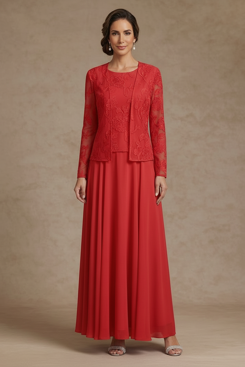 3 Pieces Suit A-Line/Princess Scoop Chiffon Mother of the Bride Dresses with Jacket Lace Floral Ankle-Length Long Sleeves