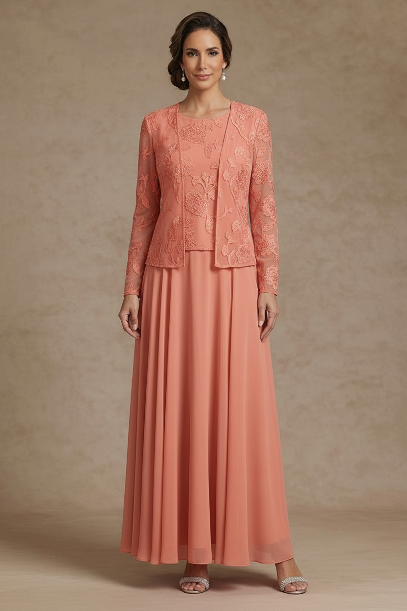 3 Pieces Suit A-Line/Princess Scoop Chiffon Mother of the Bride Dresses with Jacket Lace Floral Ankle-Length Long Sleeves