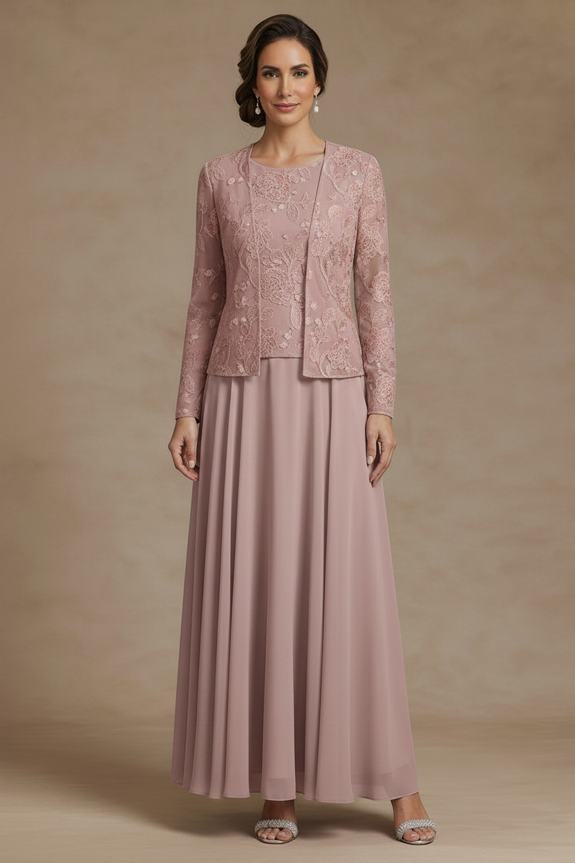 3 Pieces Suit A-Line/Princess Scoop Chiffon Mother of the Bride Dresses with Jacket Lace Floral Ankle-Length Long Sleeves