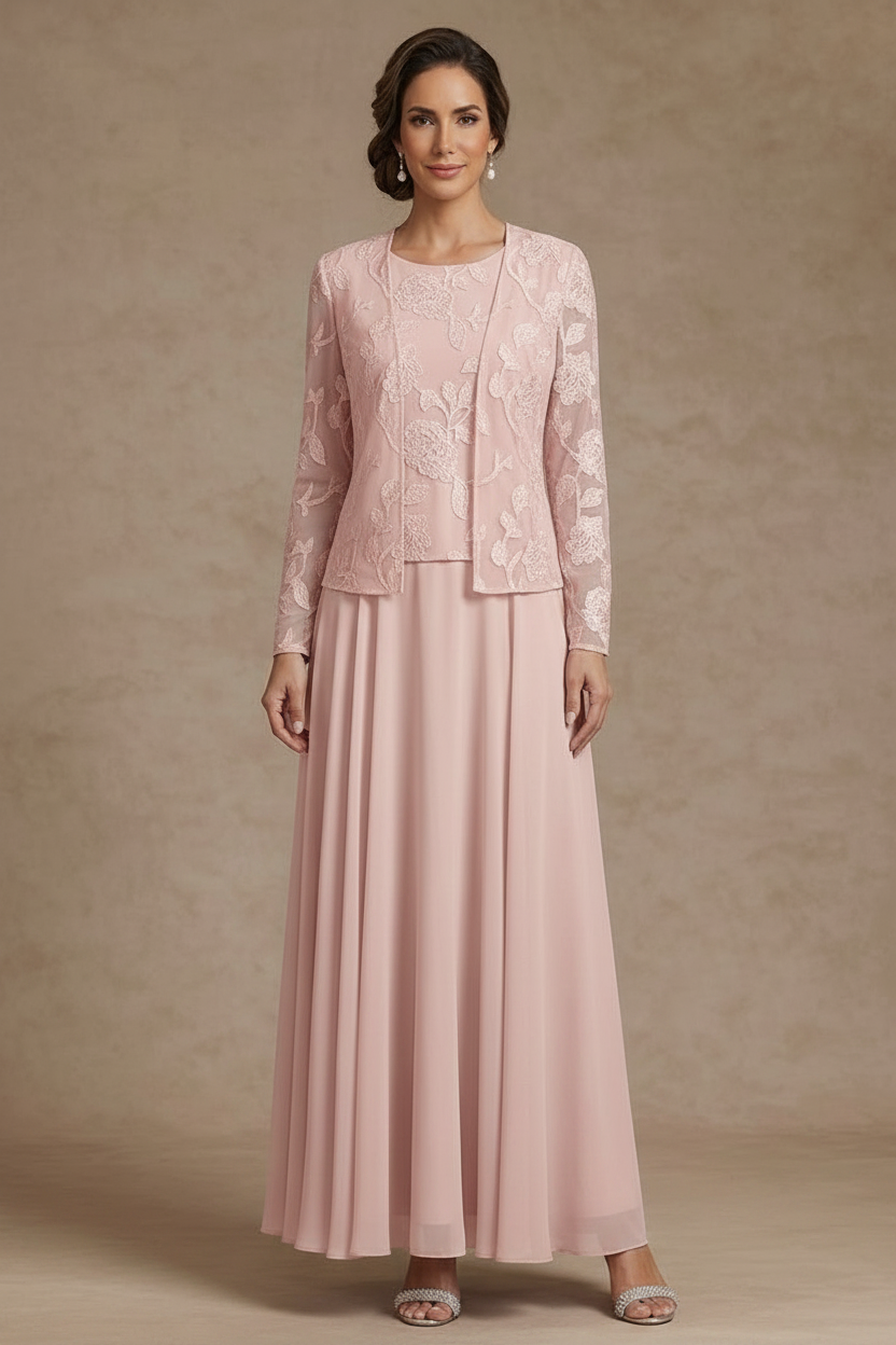 3 Pieces Suit A-Line/Princess Scoop Chiffon Mother of the Bride Dresses with Jacket Lace Floral Ankle-Length Long Sleeves