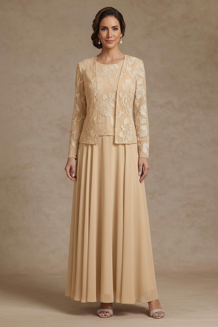 3 Pieces Suit A-Line/Princess Scoop Chiffon Mother of the Bride Dresses with Jacket Lace Floral Ankle-Length Long Sleeves