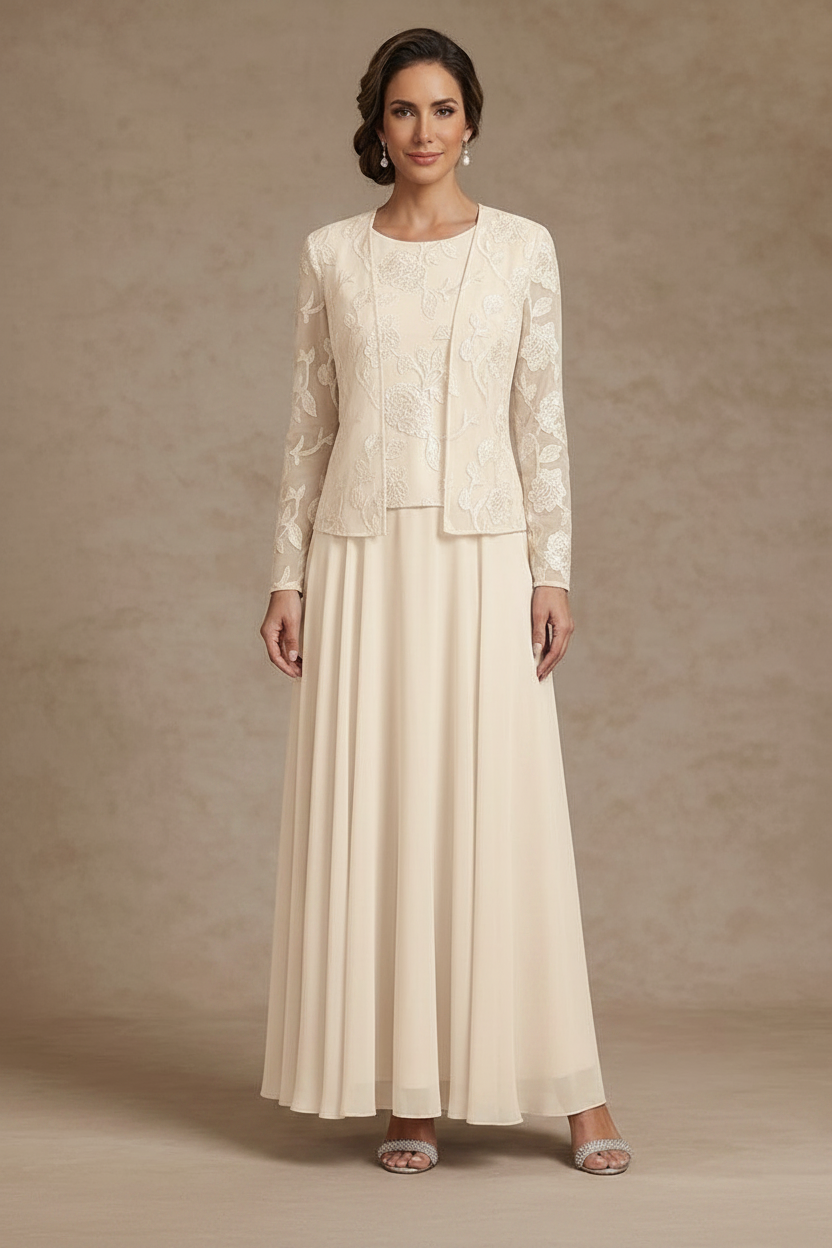 3 Pieces Suit A-Line/Princess Scoop Chiffon Mother of the Bride Dresses with Jacket Lace Floral Ankle-Length Long Sleeves