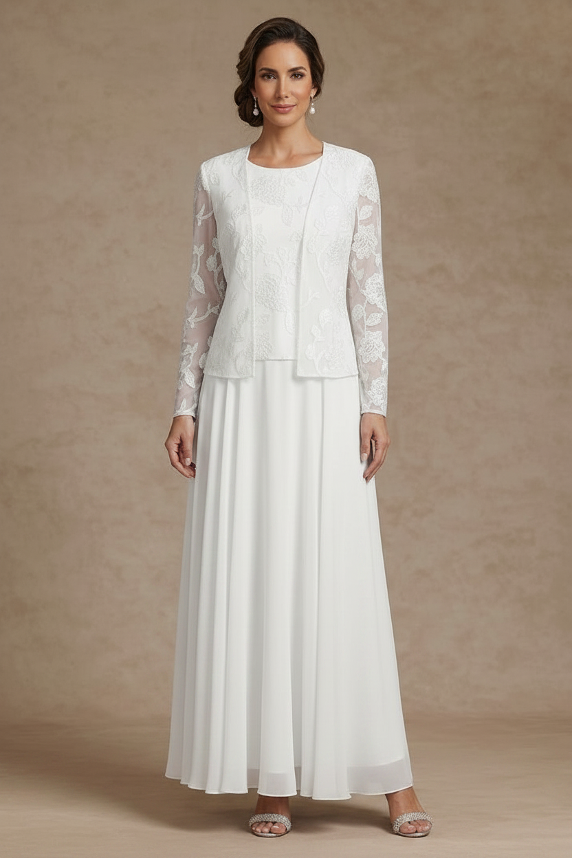 3 Pieces Suit A-Line/Princess Scoop Chiffon Mother of the Bride Dresses with Jacket Lace Floral Ankle-Length Long Sleeves