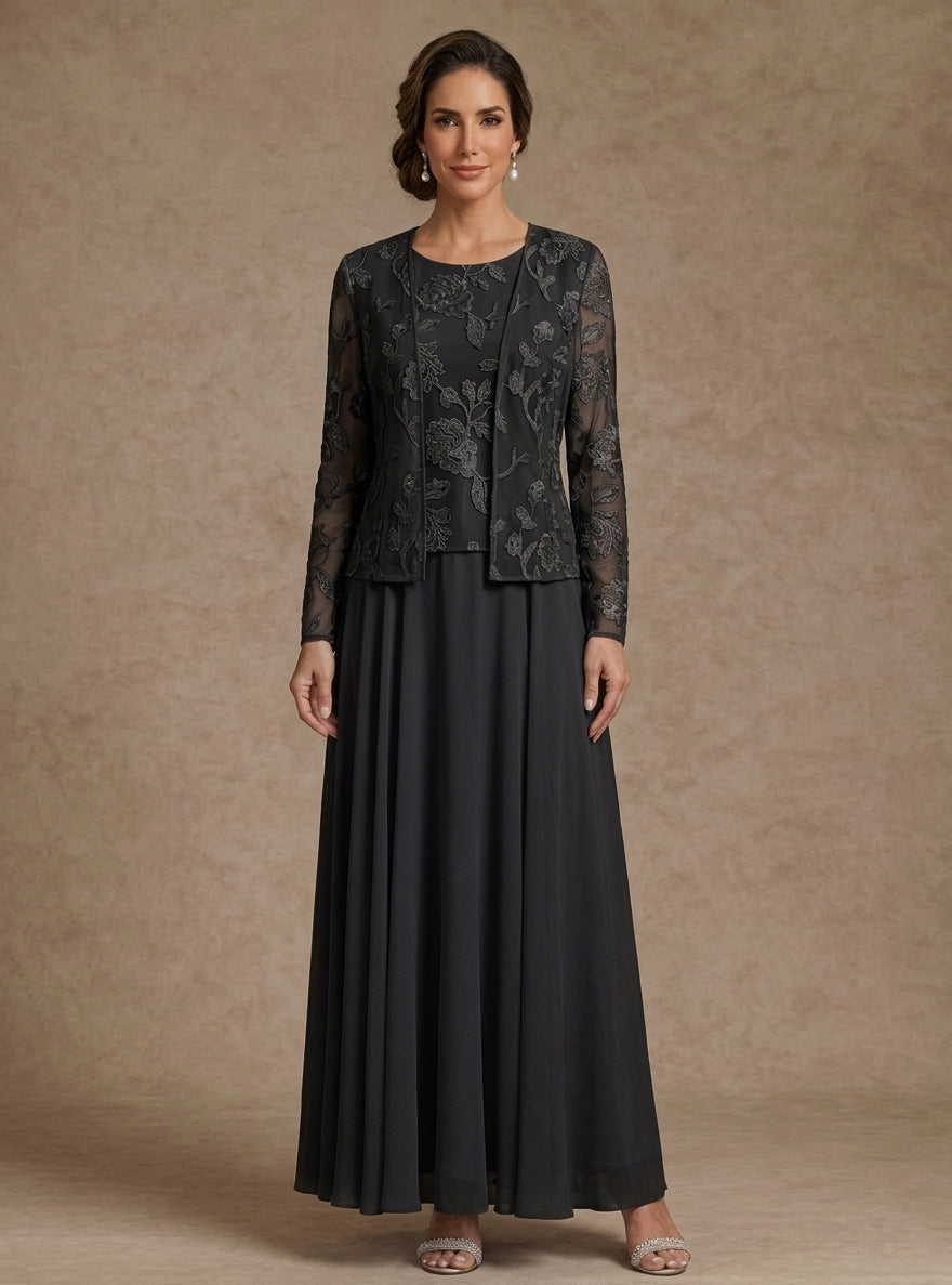 3 Pieces Suit A-Line/Princess Scoop Chiffon Mother of the Bride Dresses with Jacket Lace Floral Ankle-Length Long Sleeves –