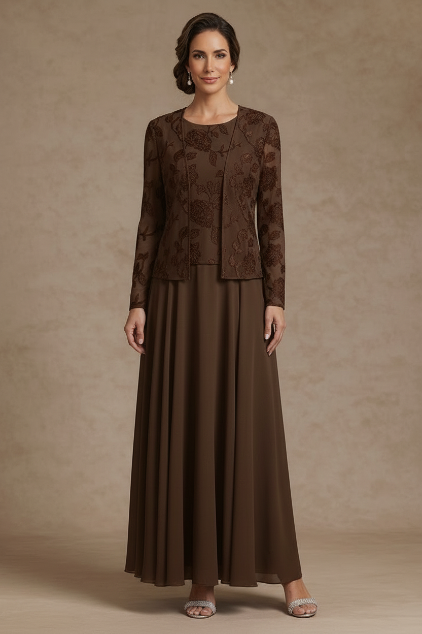 3 Pieces Suit A-Line/Princess Scoop Chiffon Mother of the Bride Dresses with Jacket Lace Floral Ankle-Length Long Sleeves