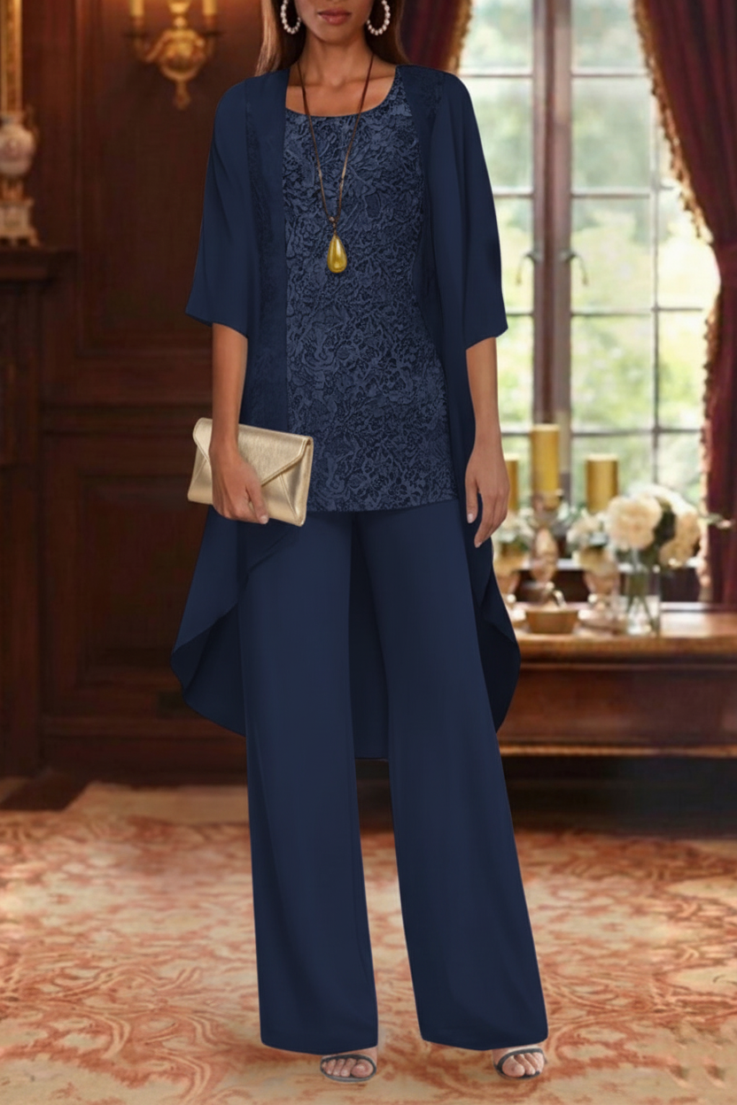 3 Pieces Suit Chiffon Mother of the Bride Pantsuits with Jacket Scoop 3/4 Sleeves Ankle Length Lace