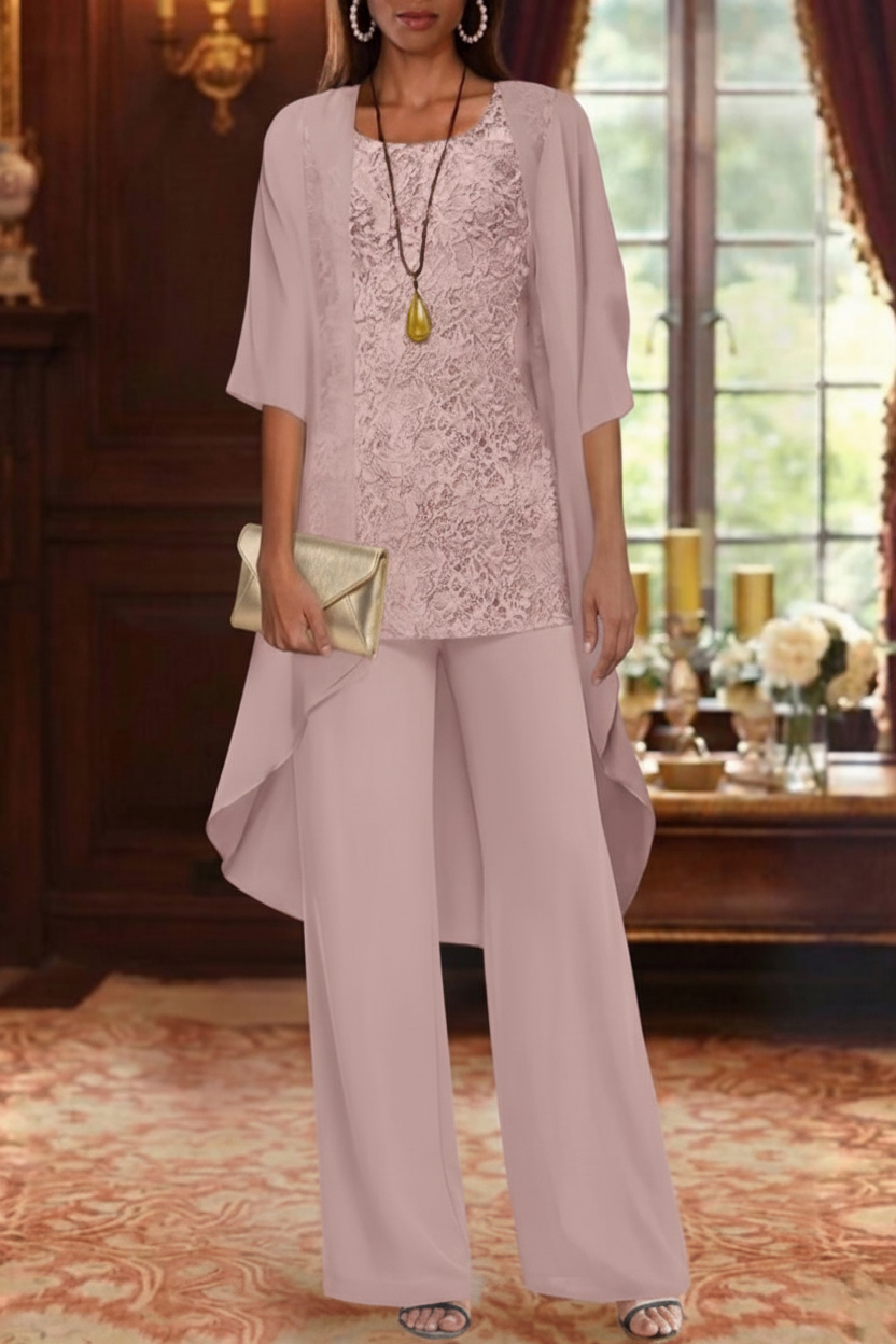 3 Pieces Suit Chiffon Mother of the Bride Pantsuits with Jacket Scoop 3/4 Sleeves Ankle Length Lace
