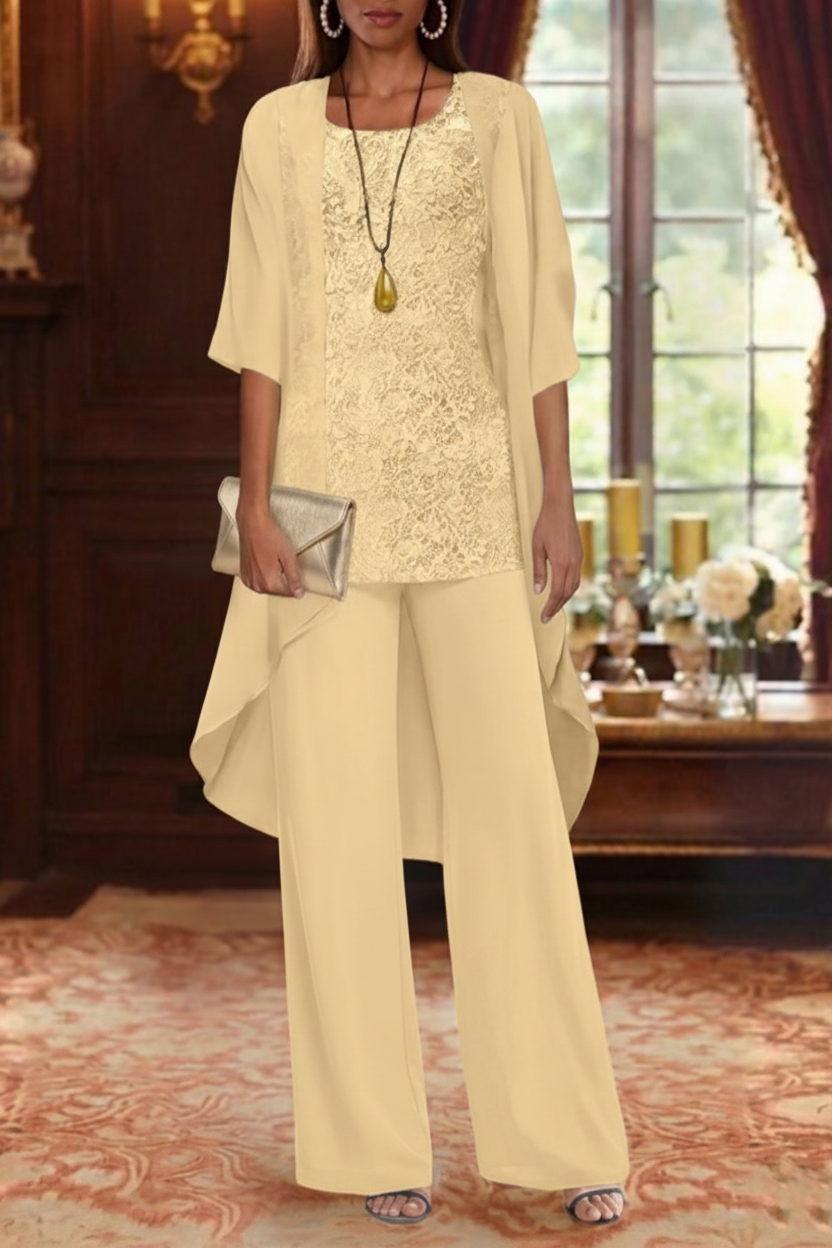 3 Pieces Suit Chiffon Mother of the Bride Pantsuits with Jacket Scoop 3/4 Sleeves Ankle Length Lace