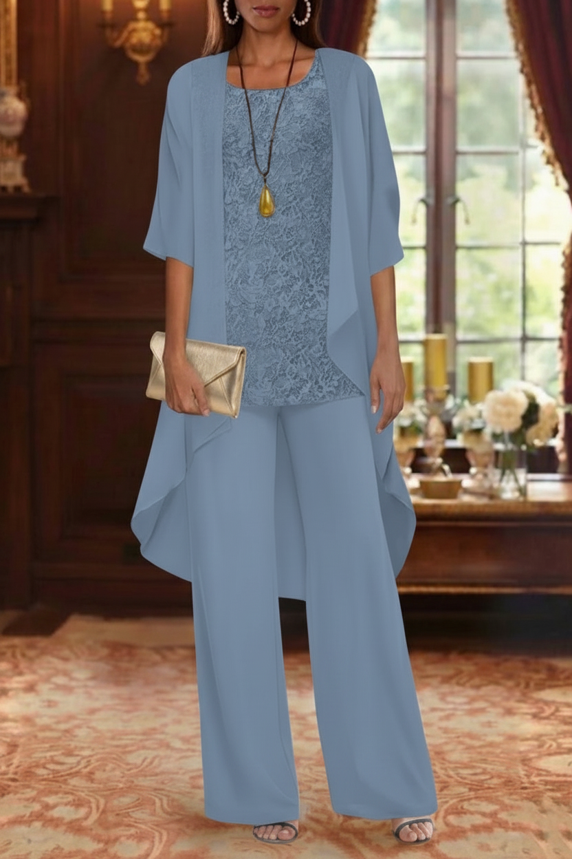 3 Pieces Suit Chiffon Mother of the Bride Pantsuits with Jacket Scoop 3/4 Sleeves Ankle Length Lace