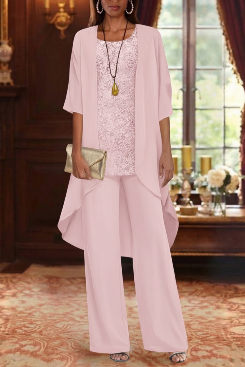 3 Pieces Suit Chiffon Mother of the Bride Pantsuits with Jacket Scoop 3/4 Sleeves Ankle Length Lace