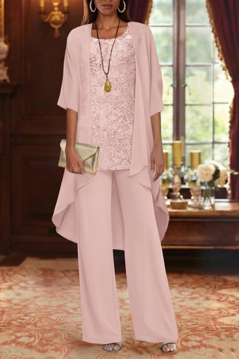 3 Pieces Suit Chiffon Mother of the Bride Pantsuits with Jacket Scoop 3/4 Sleeves Ankle Length Lace