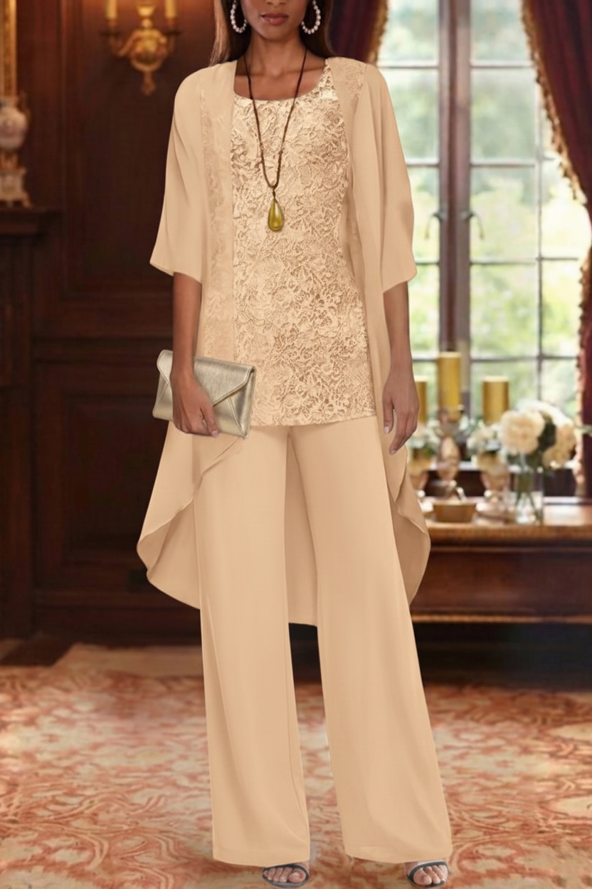 3 Pieces Suit Chiffon Mother of the Bride Pantsuits with Jacket Scoop 3/4 Sleeves Ankle Length Lace