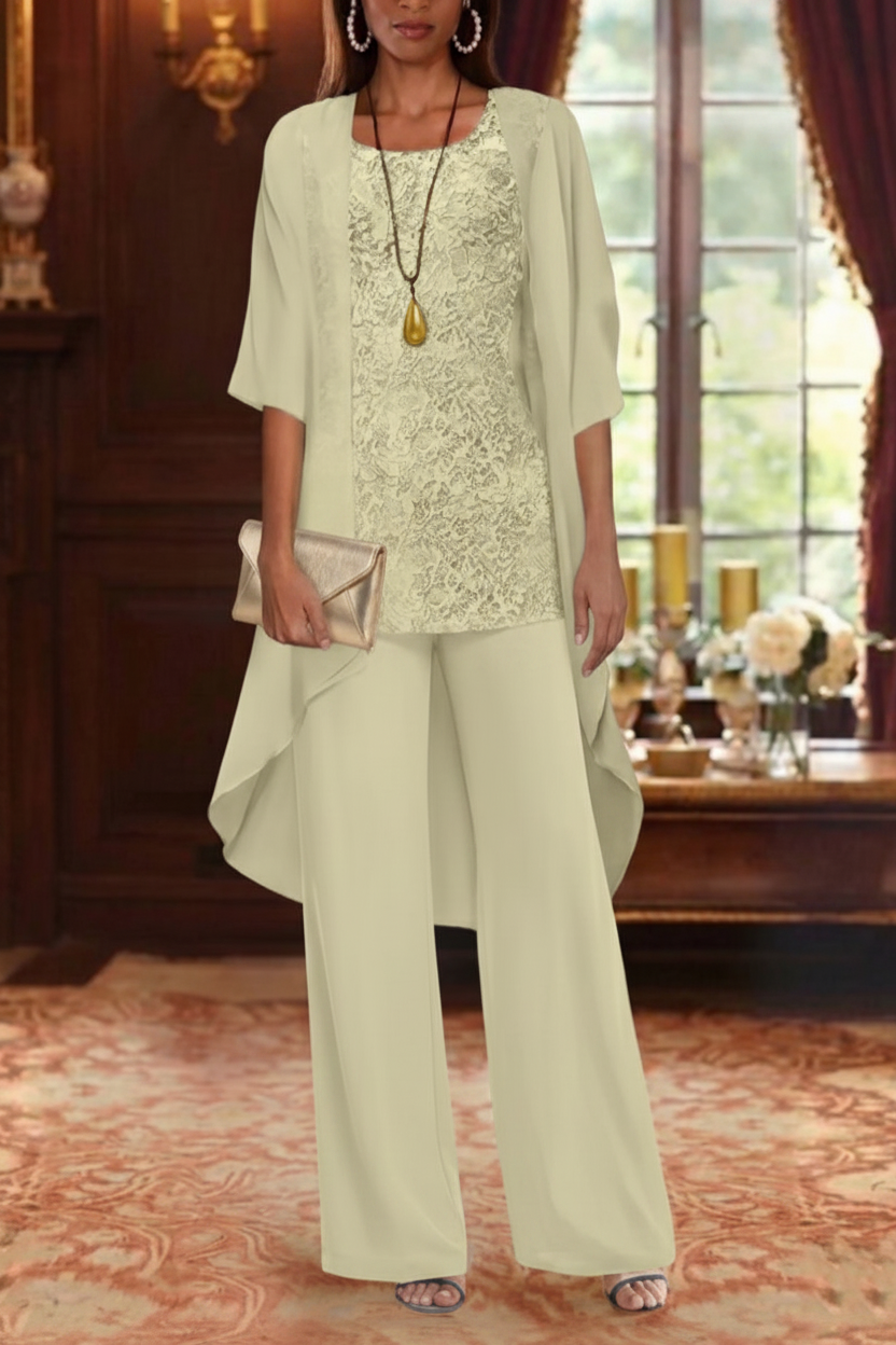 3 Pieces Suit Chiffon Mother of the Bride Pantsuits with Jacket Scoop 3/4 Sleeves Ankle Length Lace