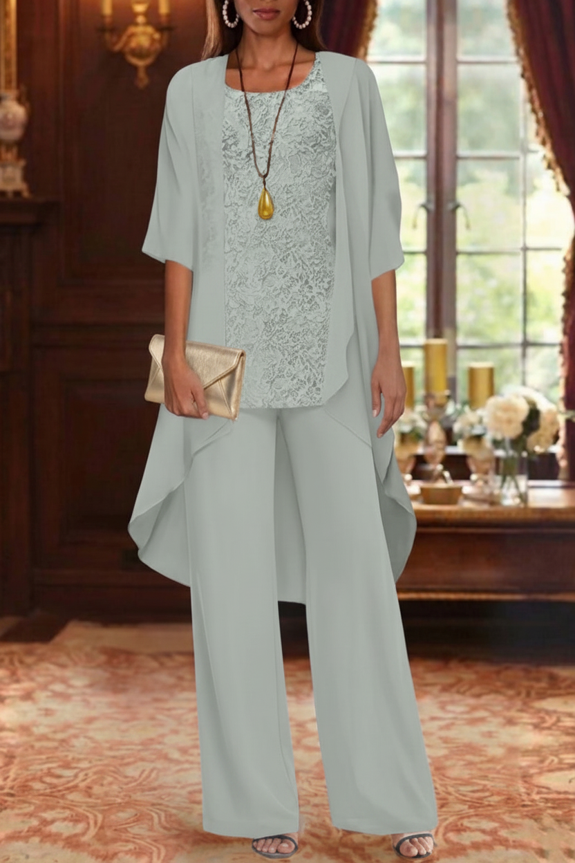 3 Pieces Suit Chiffon Mother of the Bride Pantsuits with Jacket Scoop 3/4 Sleeves Ankle Length Lace