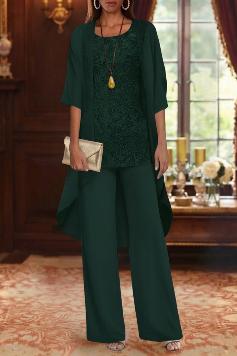 3 Pieces Suit Chiffon Mother of the Bride Pantsuits with Jacket Scoop 3/4 Sleeves Ankle Length Lace