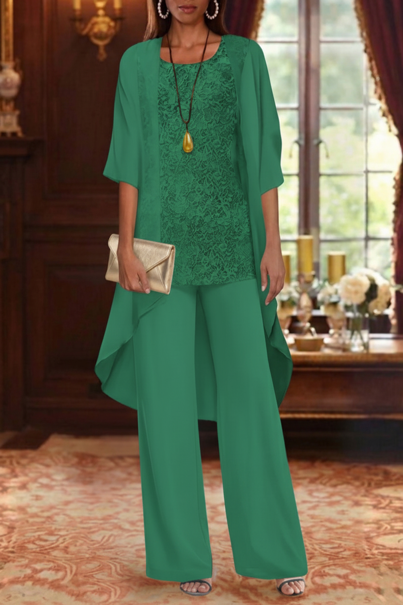 3 Pieces Suit Chiffon Mother of the Bride Pantsuits with Jacket Scoop 3/4 Sleeves Ankle Length Lace